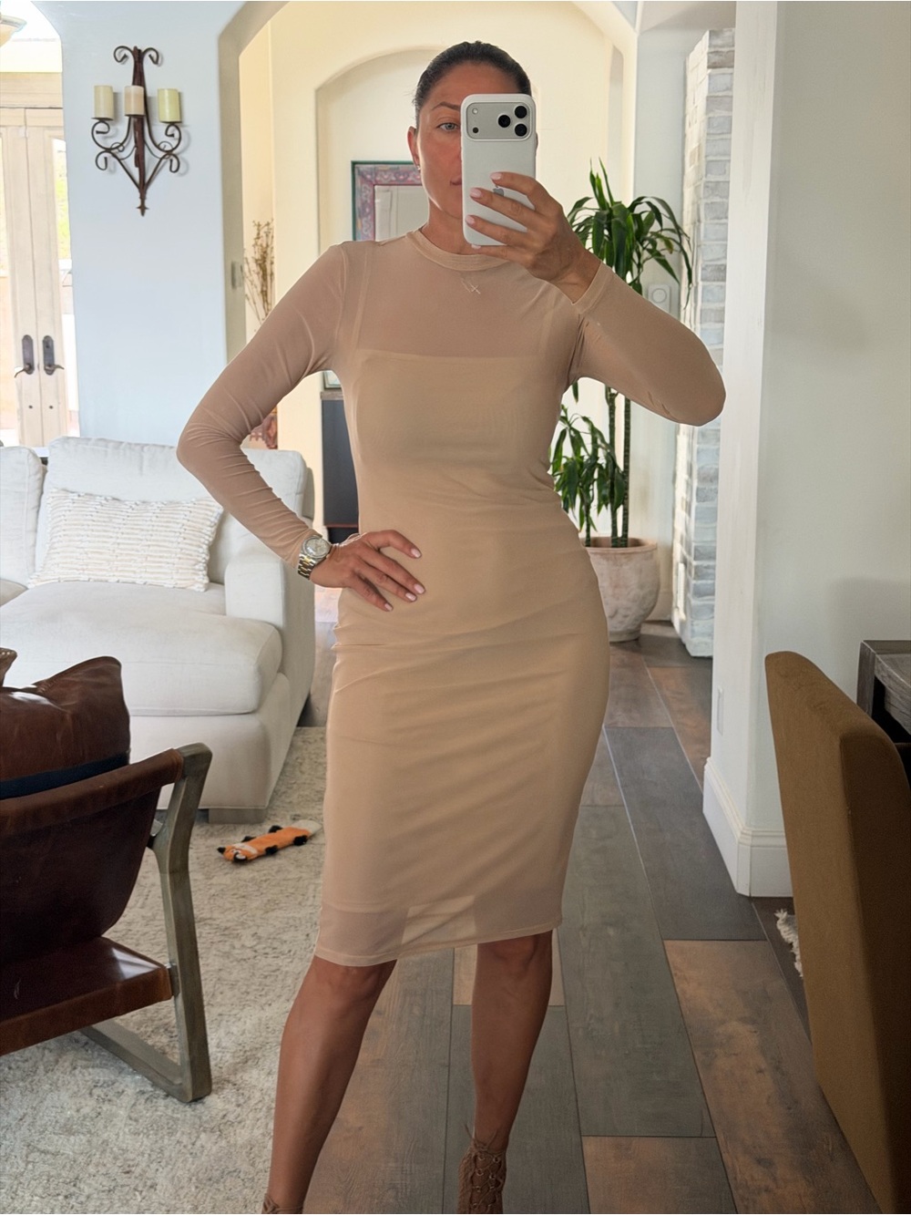 AFRM Nude Sheer Long-Sleeve Bodycon Midi Dress